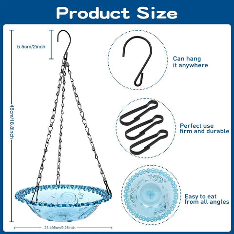 2 Pack Hanging Bird Bath And Feeder Set For Outdoors Multi Purpose Water Bowl Bathing And Feeding Station For Garden Birds Blue Plastic Outdoor Bird Waterer Easy To Hang Great For Bird Watching with dimensions shown.