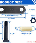 Size diagram of Heavy Duty Trailer Axle Shackle Bolt Kit For Tandem Axle Systems including bolt, nut, and bushing measurements.