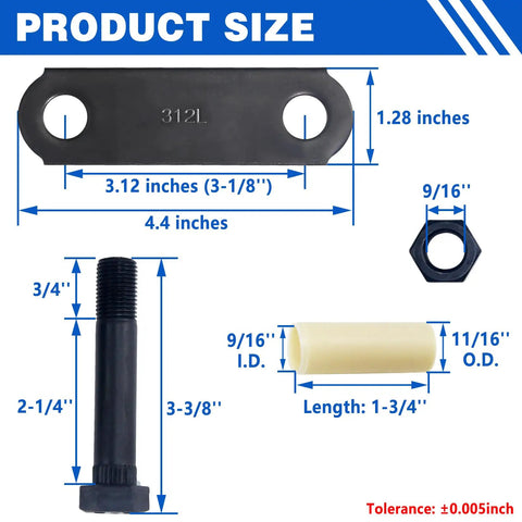 Size diagram of Heavy Duty Trailer Axle Shackle Bolt Kit For Tandem Axle Systems including bolt, nut, and bushing measurements.