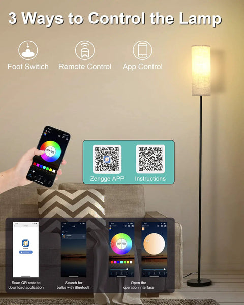 Tall RGB Smart Floor Lamp for Living Room, 67 inch dimmable standing lamp with remote and WiFi App control, in cozy setup.