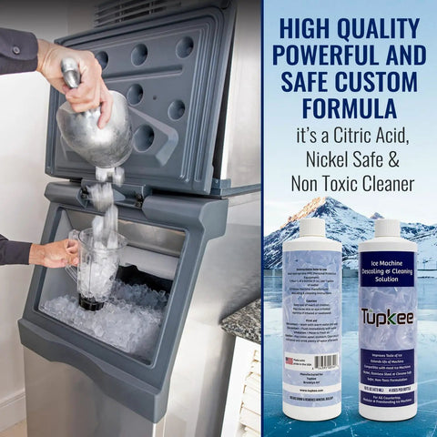 Ice Maker Cleaner And Descaler 16 Oz Nickel Safe Non Toxic Citric Acid Formula Compatible With Scotsman KitchenAid Affresh All Major Brands Made In USA Odorless And Powerful Breaks Down Mineral Buildup That Vinegar Cannot Touch. bottle shown beside ice maker