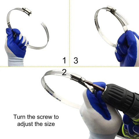 Six Piece Adjustable 304 Stainless Steel Worm Gear Hose Clamps Set with gloves showing clamp adjustment using drill.