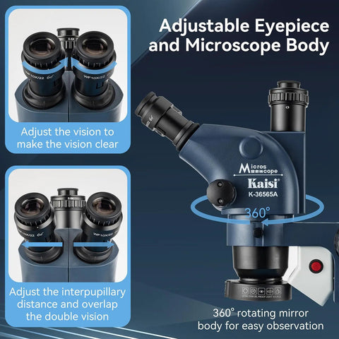Pro Grade Trinocular Stereo Microscope For Watch Repair Soldering And PCB Work With Six Point Five To Sixty Five Times Continuous Zoom And Telescopic Stand Great For Jewelry Inlay Engraving And Fine Detail Cleaning And Inspection. Adjustable eyepiece and 360° rotating microscope body.