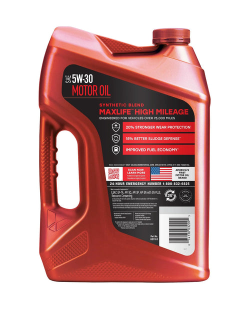 Front view of a red 5-quart Valvoline MaxLife High Mileage 5W-30 motor oil jug with black label.