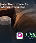 Smart Air Purifier For Bedrooms And Small Rooms Up To 926 Sq Ft With HEPASilent Filtration near a bed, 19dB noise level.