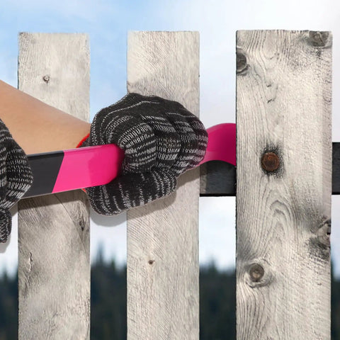 Hands using Heavy Duty Flat Pry Bars Set 12 Inch 15 Inch 18 Inch Crow Bar Nail Puller Pink And Black Angled Curved Head for wood prying