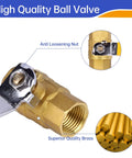 Close-up of Heavy Duty 1/2 Inch Brass Ball Valve Set With Full Port NPT Threaded Water Shut Off Valves Female Thread Connectors 150 PSI WSP And 600 PSI WOG Pack Of 2 showcasing anti-loosening nut and brass material.