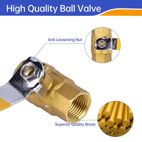 Close-up of Heavy Duty 1/2 Inch Brass Ball Valve Set With Full Port NPT Threaded Water Shut Off Valves Female Thread Connectors 150 PSI WSP And 600 PSI WOG Pack Of 2 showcasing anti-loosening nut and brass material.
