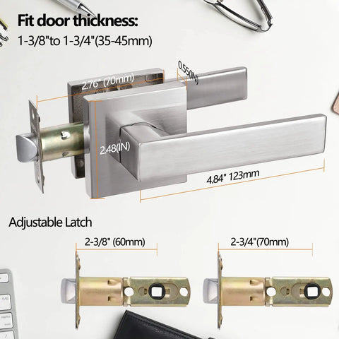 Hall Closet Lever Door Lock Handle Satin Nickel Finish Heavy Duty Passage Hardware Reversible For Right Or Left Hand Use With Adjustable Backset Fits Standard Door Thickness Easy Install Zinc Alloy with measurements