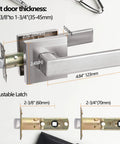 Hall And Closet Lever Door Lock Handle in Satin Nickel Finish with adjustable backset 2-3/8 or 2-3/4 inch diagram.