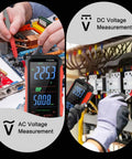 Person using Workhorse USB C Rechargeable True RMS Multimeter with 6000 Counts for AC/DC voltage measurement in industrial setup.