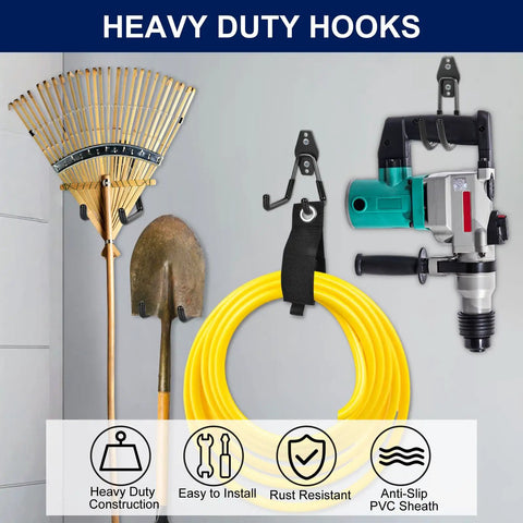 Heavy Duty Garage Hooks 18 Pack With Anti Slip Coating And 3 Organizing Straps Durable Steel Hangers For Tools Ladders Bicycles Gardening Gear And More Grab And Go Ready For Neat Quick Access Garage Storage holding garden tools and power drill.