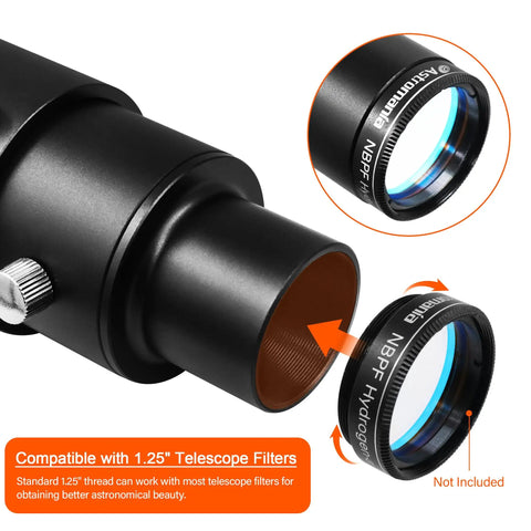 Extendable Telescope Camera Adapter with 1.25 Inch T Adapter for Prime Focus shown with filter compatibility detail