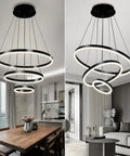 Slick Black Circular LED Pendant Light With Adjustable Height, Modern Chandelier Ceiling Fixture For Kitchen Island, Dining Room