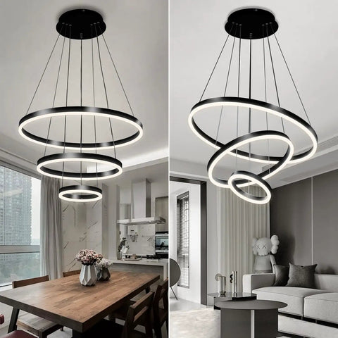 Slick Black Circular LED Pendant Light With Adjustable Height, Modern Chandelier Ceiling Fixture For Kitchen Island, Dining Room