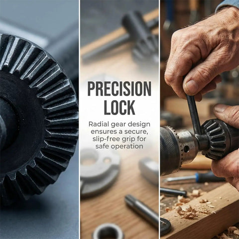 Rock Solid Heavy Duty Drill Press Chuck Key Wrench Set With 3/8 And 1/2 Inch Replacement Keys Forged From Rugged Carbon Steel, precision lock design shown.