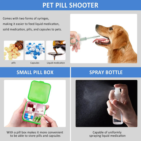 Pet medication accessories showing pill shooter, pill box with assorted tablets, and spray bottle for liquid medication.