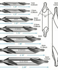 Top Shelf 7 Piece Center Drill Bit Set Crafted From Heavy Duty M2 High Speed Steel With A Sharp 60 Degree Countersink Design Ideal For Lathe Work And Shop Metalworking Tasks Featuring A Dead Reliable Range Of Exact Hole Sizes Included, size details displayed.