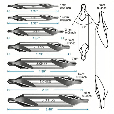 Top Shelf 7 Piece Center Drill Bit Set Crafted From Heavy Duty M2 High Speed Steel With A Sharp 60 Degree Countersink Design Ideal For Lathe Work And Shop Metalworking Tasks Featuring A Dead Reliable Range Of Exact Hole Sizes Included, size details displayed.