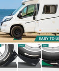 Bulletproof 2 Pack Rv Leveling Blocks With Triple Grip Non Slip Base Heavy Duty Polypropylene Camper Stabilizer Pads in use under RV tire.