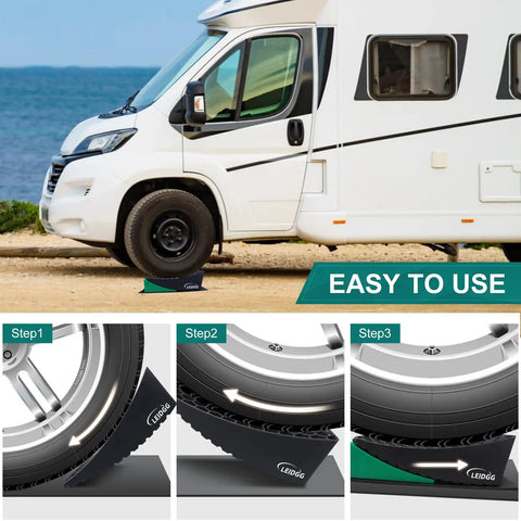 Bulletproof 2 Pack Rv Leveling Blocks With Triple Grip Non Slip Base Heavy Duty Polypropylene Camper Stabilizer Pads in use under RV tire.