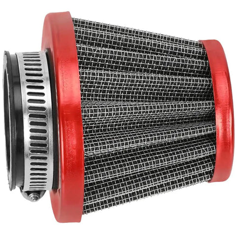 35Mm Air Filter for 50cc-125cc ATV Dirt Bike Go Kart engines, compatible with PZ19 PZ20 carbs, featuring red trim and mesh design