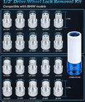Wheel Lock Removal Kit For BMW 21 Piece Wheel Lock Key Set With Anti Theft Nut Socket showing individual socket sizes