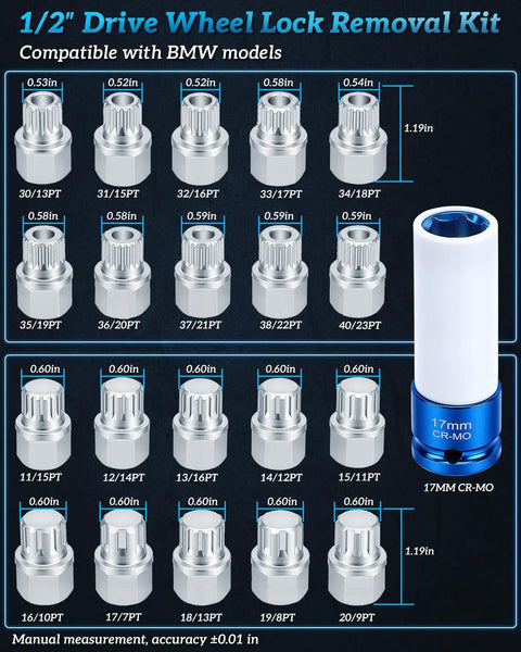 Wheel Lock Removal Kit For BMW 21 Piece Wheel Lock Key Set With Anti Theft Nut Socket showing individual socket sizes
