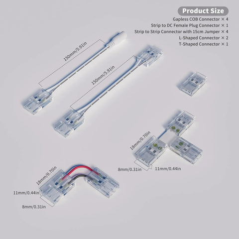 8mm COB LED Strip Connector Kit with Transparent Gapless Connectors, Dual End Adapters, L Shaped and T Shaped Connectors