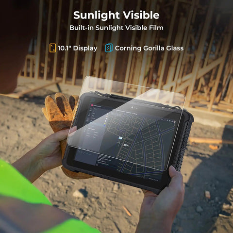 Rock Solid Heavy Duty Rugged Tablet With 10.1 Inch Sunlight Readable Screen Running Windows 11 Pro For Tough Jobsite Tasks showing sunlight visible display.