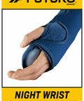 Close-up of blue Night Wrist Support For Carpal Tunnel Relief, Left Or Right, Adjustable, Breathable Sleeve, cushioned comfort.