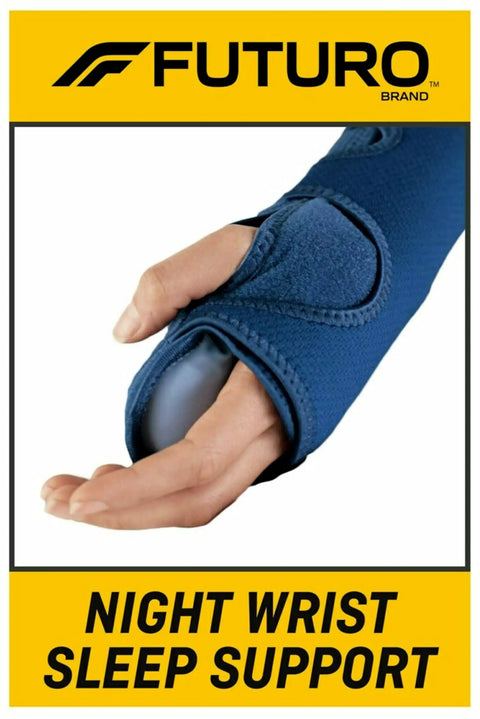 Close-up of blue Night Wrist Support For Carpal Tunnel Relief, Left Or Right, Adjustable, Breathable Sleeve, cushioned comfort.