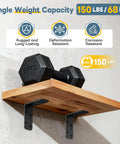 Beefy Heavy Duty 3x3x1.2 Inch L Bracket Set supporting a wooden shelf with a 68kg dumbbell, showcasing 150 lb weight capacity.