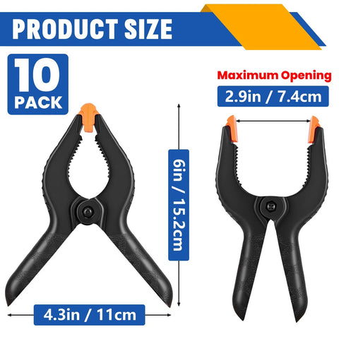 10-pack black plastic spring clamps with orange tips, 6-inch size for crafts, photography, and backdrops