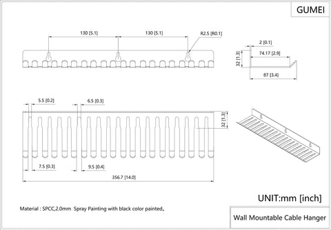 Diagram of Wall Mount Cable Hanger And Organizer With 19 Slots for patch, audio, and computer cables, 14 inch wide.
