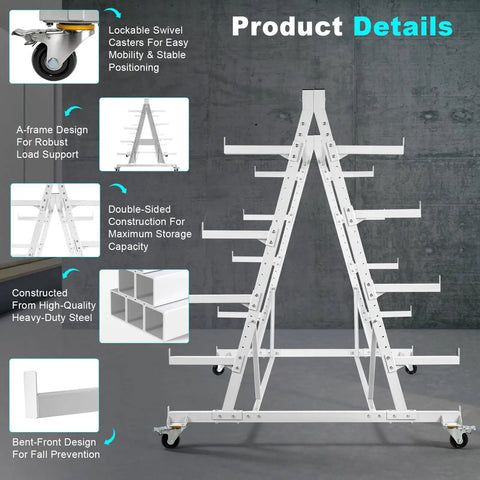 Five Tier Heavy Duty Mobile Lumber Cantilever Storage Rack On Wheels For Garage, A-frame steel design, lockable wheels