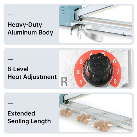Rock Solid Impulse Heat Sealer With 20 Inch Wide Seal Bar showcasing heavy-duty aluminum body, 8-level heat adjustment, and extended sealing length.
