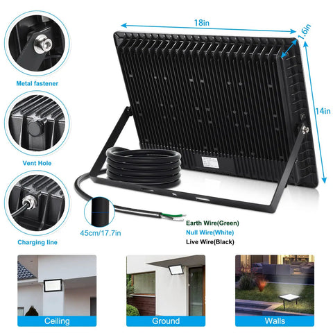 Back view of Beast Bright 400W LED Stadium Flood Light with wiring details, showing mount and heat sink, IP66 waterproof design.