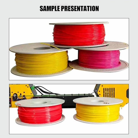 Hustle Ready Desktop Filament Extruder Machine With Integrated Auto Coil Winder For Zero Sweat Plastic Recycling And Steady Filament Production That Slaps For Advanced Resins Like Petg Cf And Pla Cf spools of colored filament presented on spools.