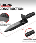 Heavy Duty Metal Detecting Shovel With Belt Sheath Double Serrated Edge Digging Tool shown with length and anti-slip handle