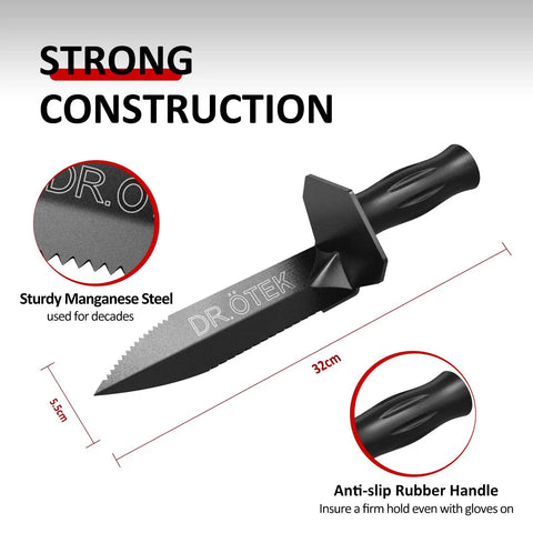 Heavy Duty Metal Detecting Shovel With Belt Sheath Double Serrated Edge Digging Tool shown with length and anti-slip handle