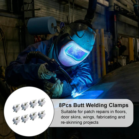 Welder using 8 Piece Butt Welding Clamps Set For Edge To Edge Welds And Patch Repairs On Auto Body Panels.