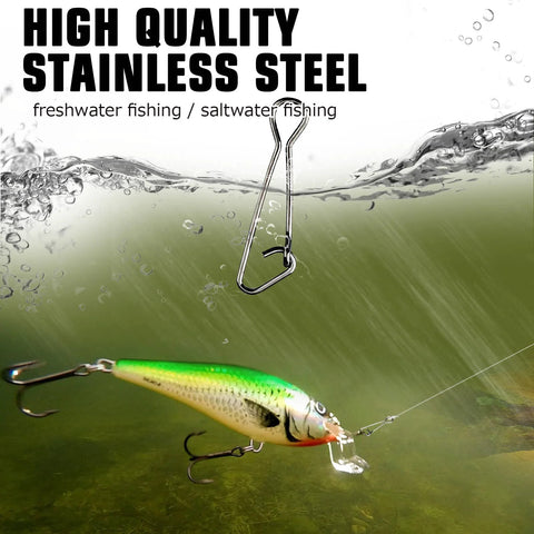 Front view of stainless steel fishing snap connector with latch for saltwater or freshwater use.