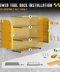 Tool Organizer Wall Mount With Charging Station, displayed in installation process with labeled parts for assembly.