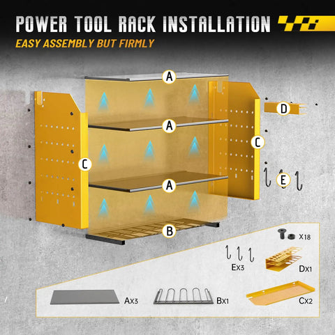 Tool Organizer Wall Mount With Charging Station, displayed in installation process with labeled parts for assembly.
