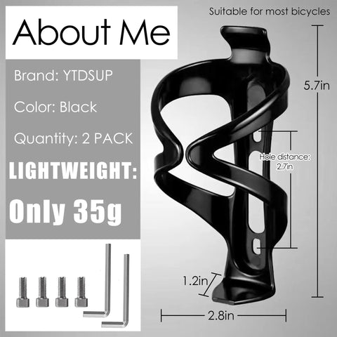 Two Pack Bike Water Bottle Holders Universal Fit Your Go To Ultra Light Cage With Stainless Steel Screws And Tool Included Rust Proof Hardware For Road And Mountain Bikes Black with dimensions and included screws.