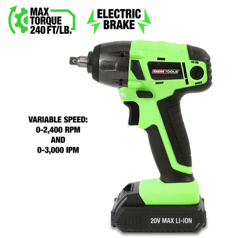 Three Eighth Inch Cordless Impact Wrench With 20V Battery, 240 Foot Pounds Of Torque, Variable Speed, Electric Brake, Side View