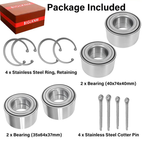 Four Pack Front And Rear Wheel Bearings For Atv Utv Compatible With Ace Ranger Sportsman And Hawkeye Models, includes bearing sizes 40x74x40mm and 35x64x37mm.
