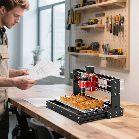 Front view of Twotrees TTC3018 Pro desktop CNC router with black frame and red spindle engraving wood.