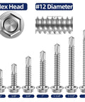 Size Twelve Hex Washer Head Self Drilling Screws With Piercing Tips For Quick Sheet Metal And Lumber Jobs Stainless Steel 410 shown in various lengths.